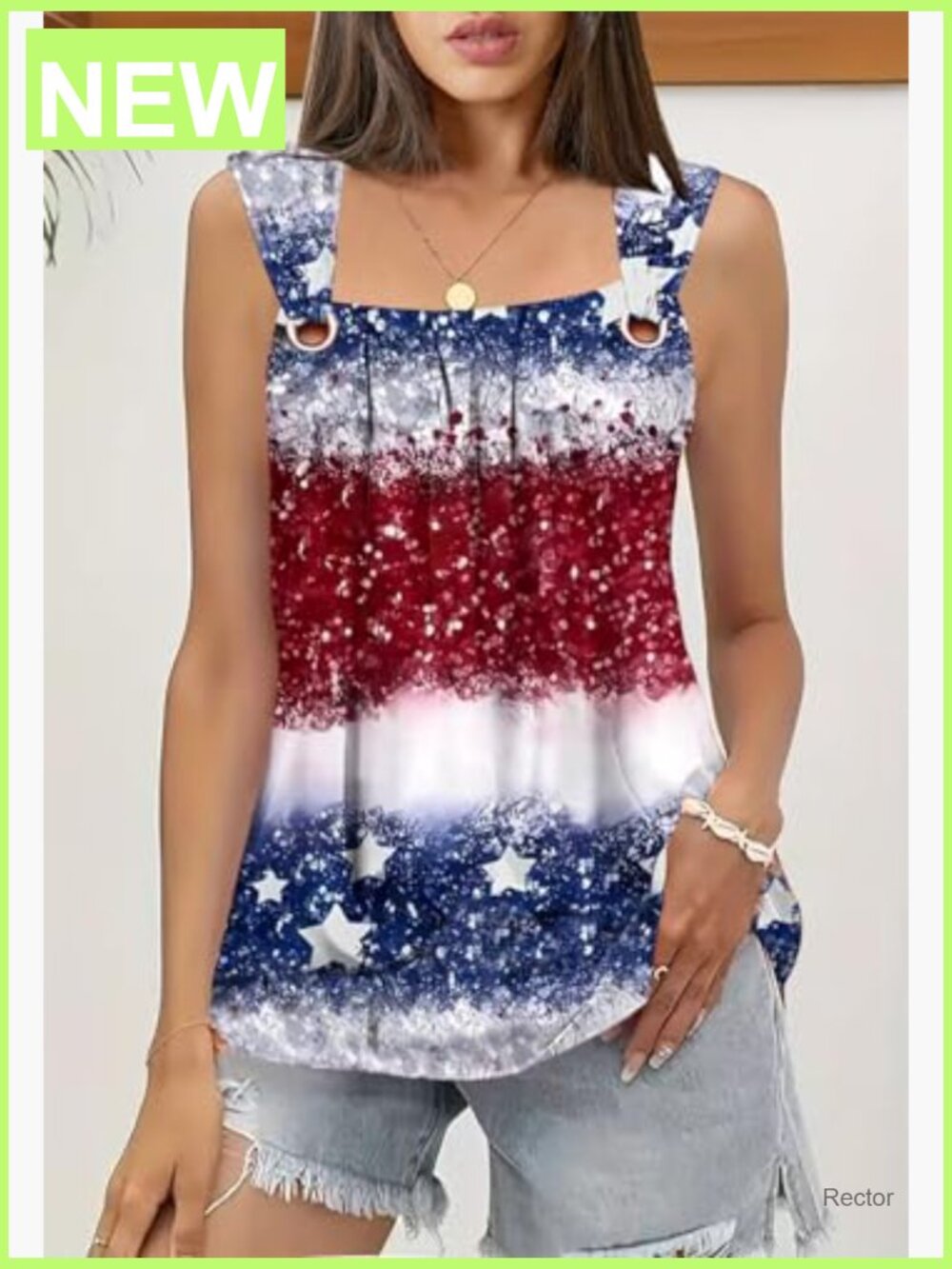 Women's Square Neck Pleated Tank Top Sleeveless O Ring Shoulder Blouse - Picture 2 of 4
